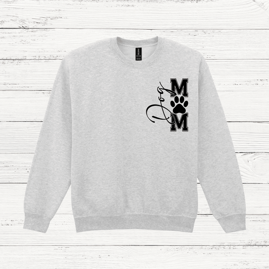 Gray sweatshirt with a black graphic design on a white wooden background