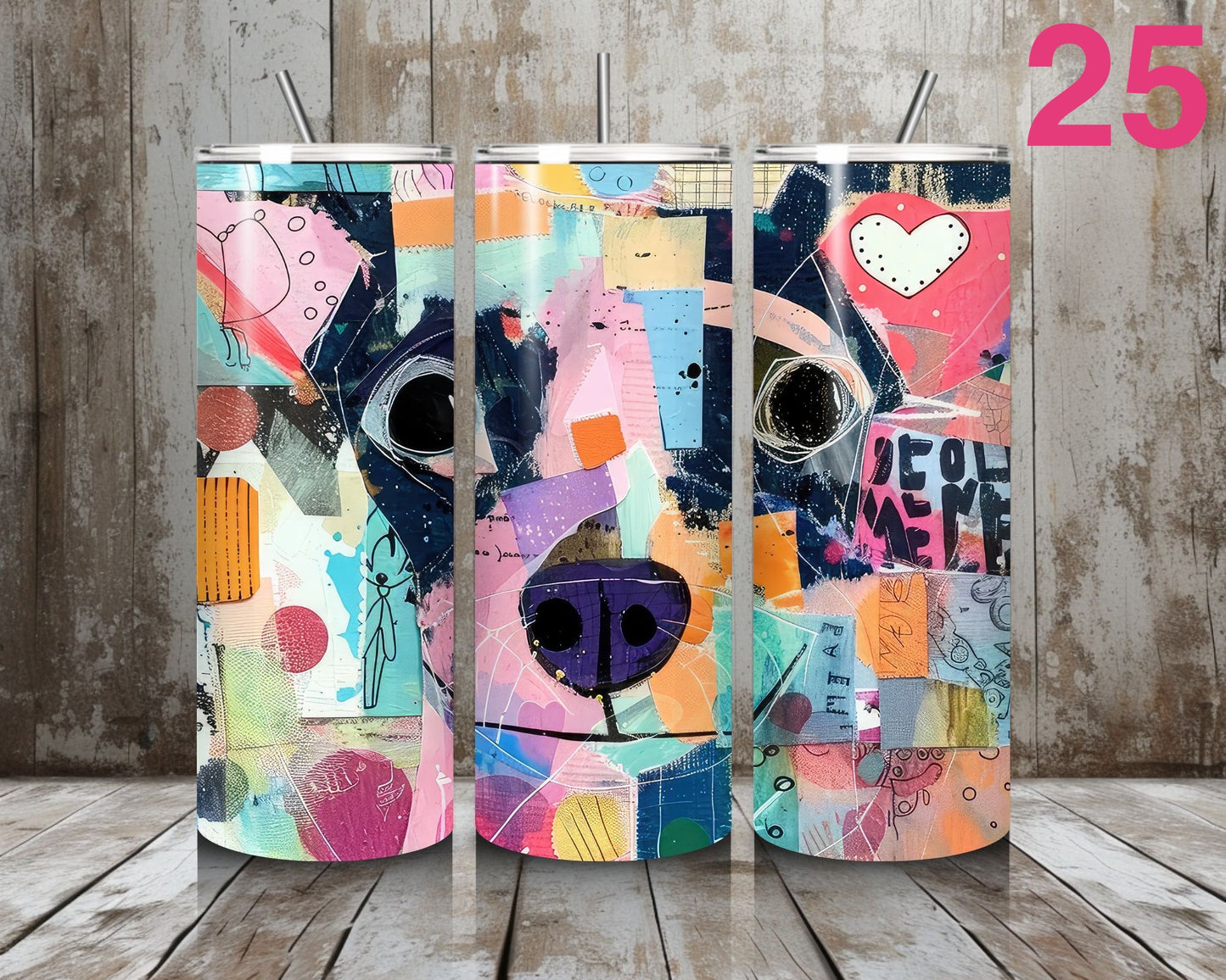Colorful abstract design on a tumbler with a wooden background