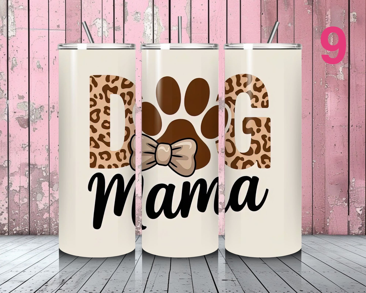 Three tumblers with 'Doggie Mama' design on a pink wooden background