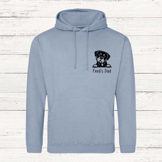 Light blue hoodie with a dog graphic and text on a wooden background