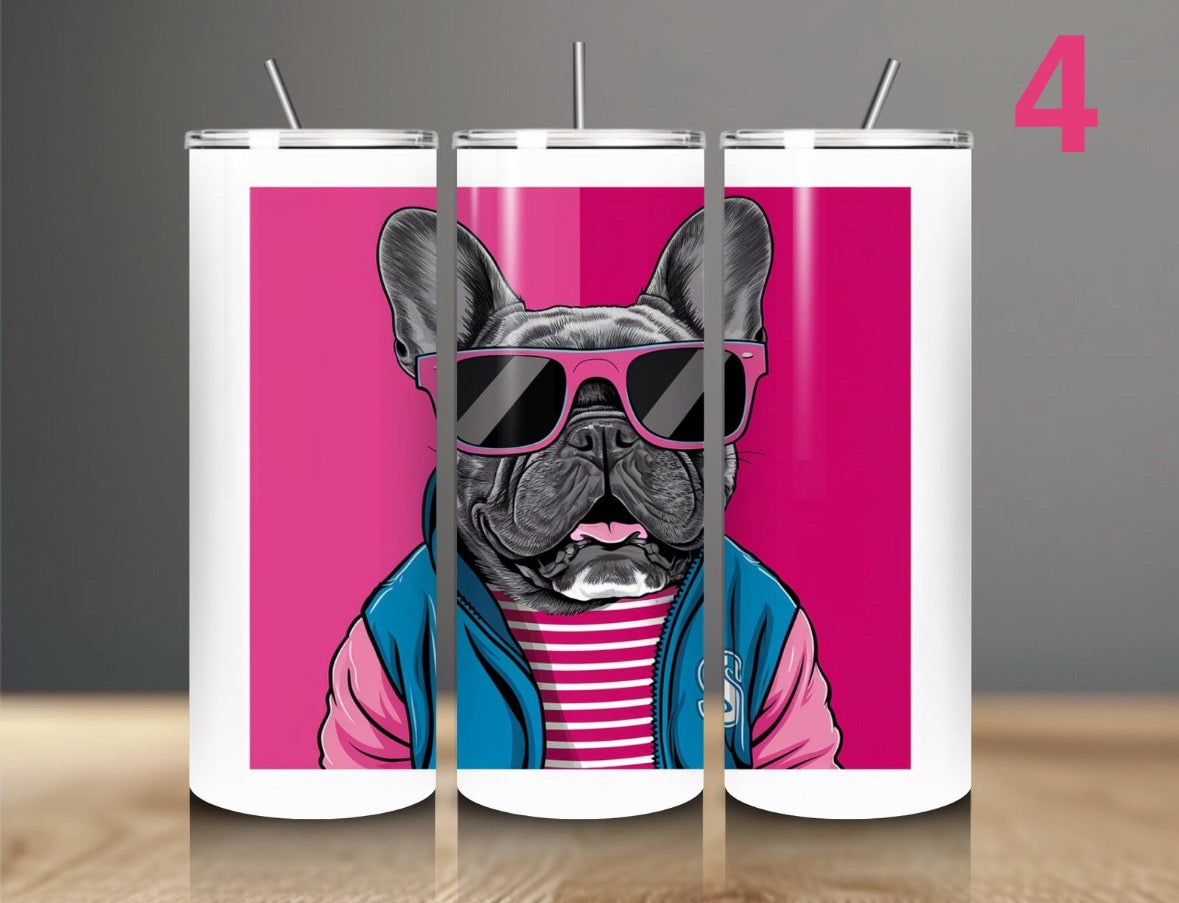 Tumbler with a dog illustration wearing sunglasses and a jacket on a pink background