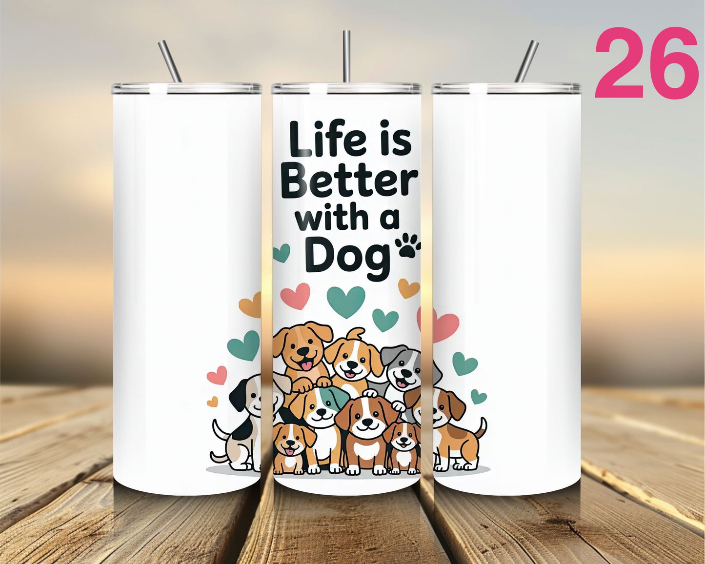 Three white tumblers with dog-themed designs on a wooden surface.