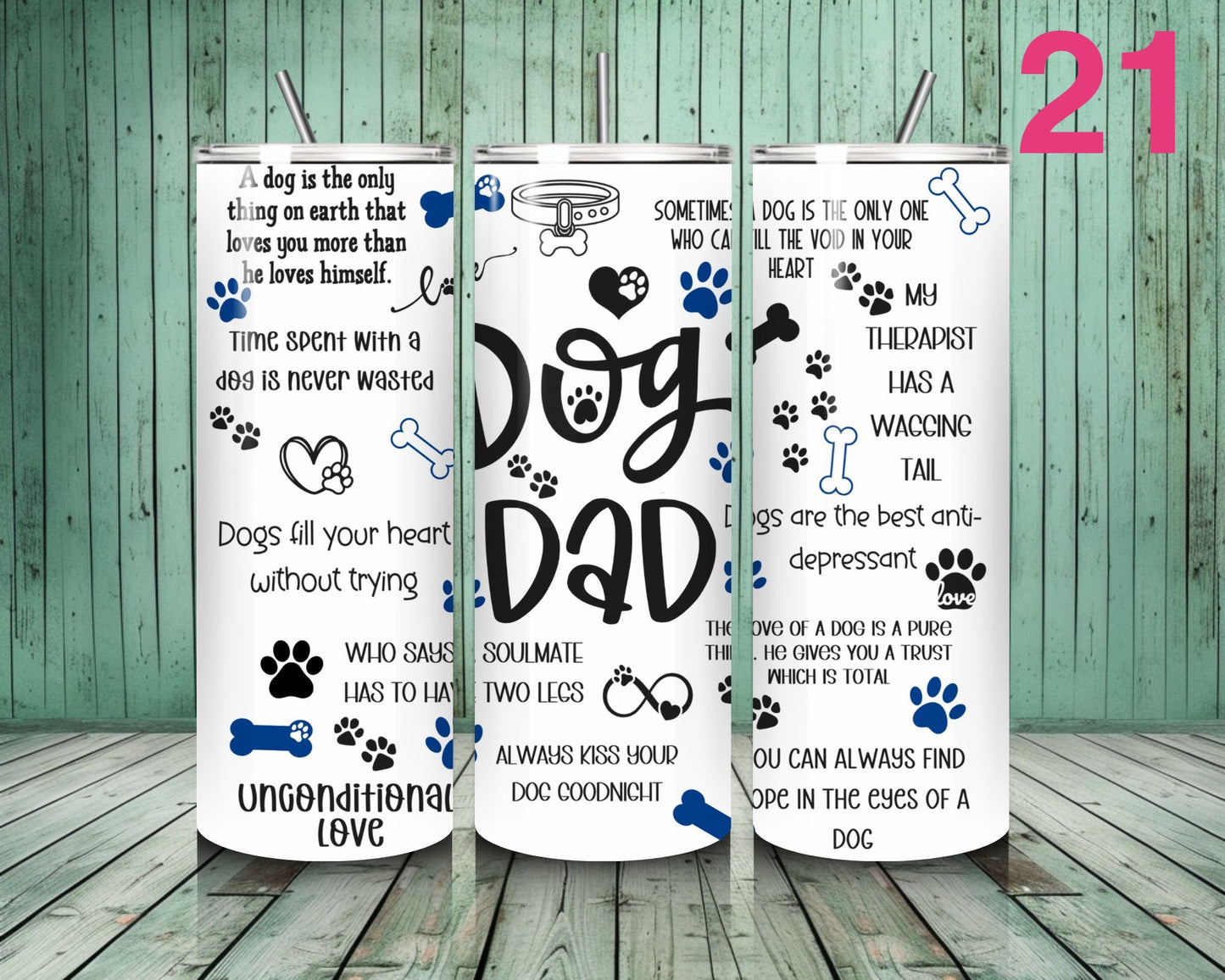 Three white tumblers with dog-themed text and graphics on a wooden floor.
