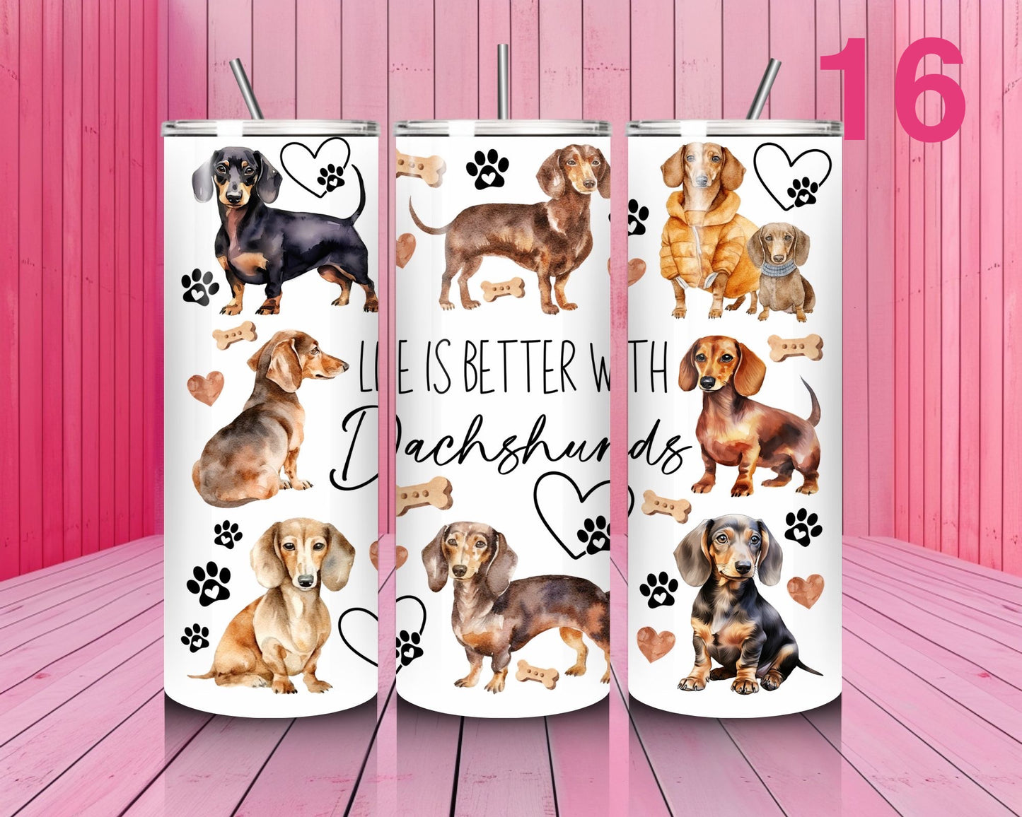 Three tumblers with dachshund designs and text on a pink wooden background