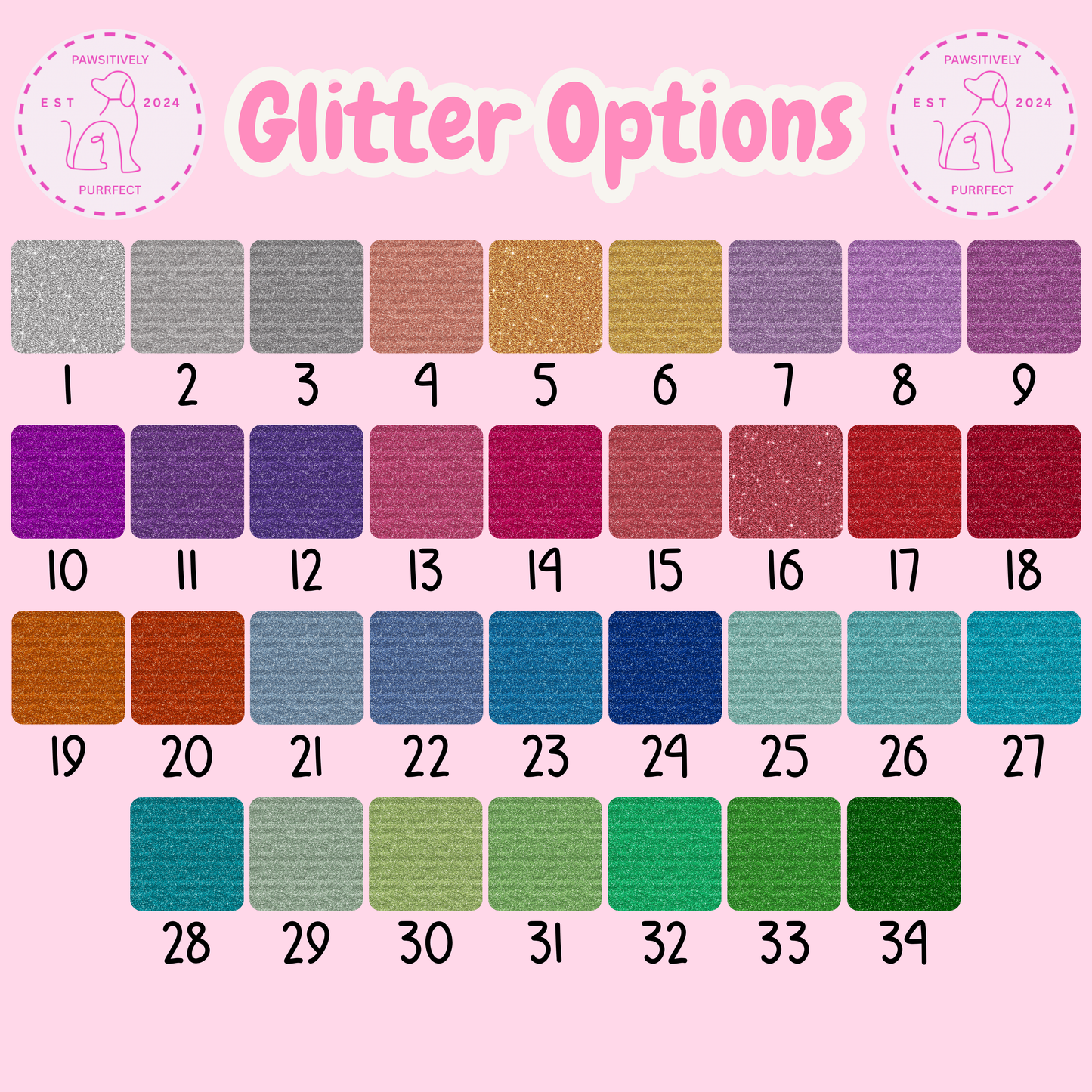 Color swatches with glitter options on a pink background