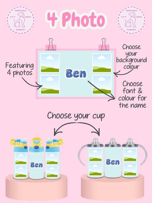 Illustration of personalized cups with options to choose a background color, name font, and cup design.