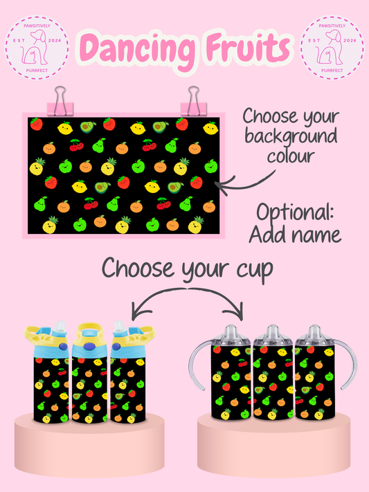 Product display with 'Dancing Fruits' design on a black background, shown with cups on a pink stand.