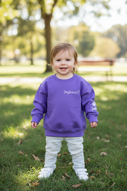 Personalised children's dog sister sweatshirt with pet name and paw print