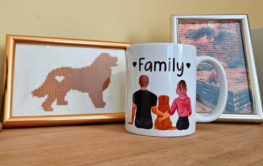 Custom family and pet portrait illustration featuring people and dogs