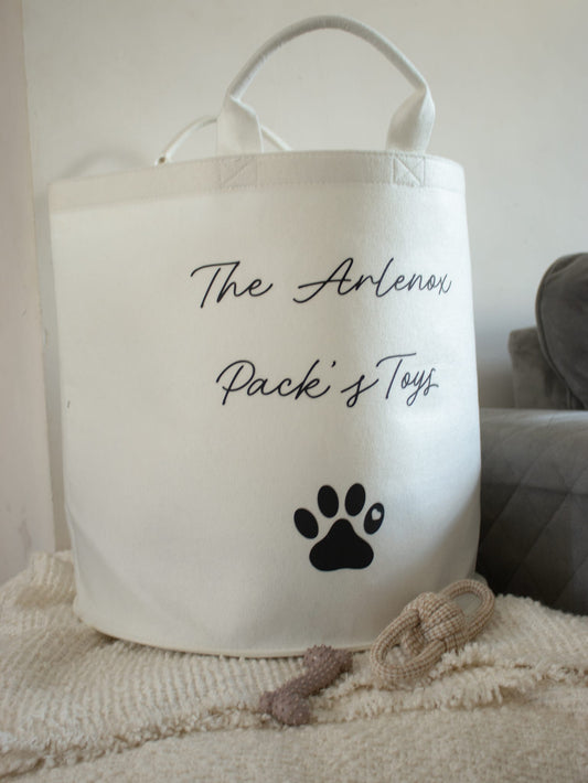 Personalised dog toy bag featuring a paw print