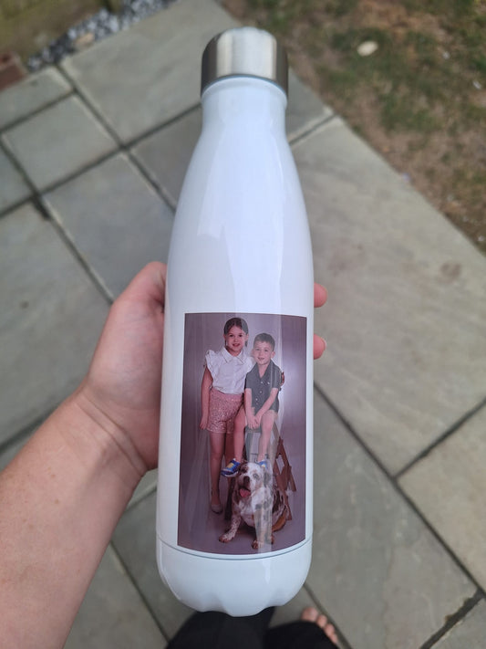 Custom personalised dog water bottle with pet photograph