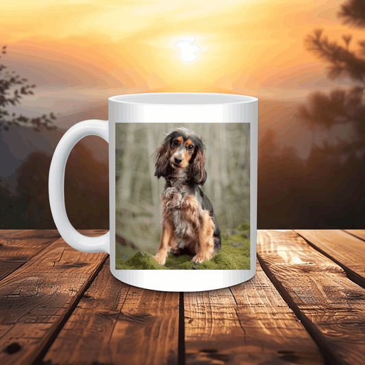 Personalised pet photo mug featuring a dog