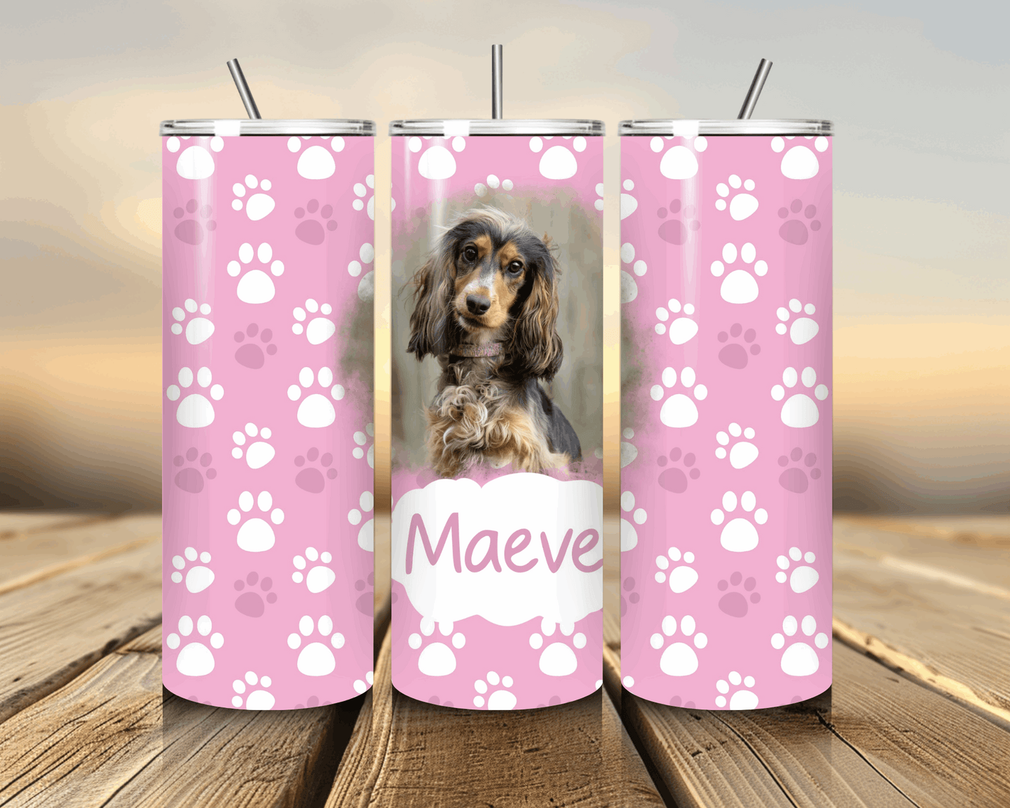 Personalised pet photo tumbler with paw print design