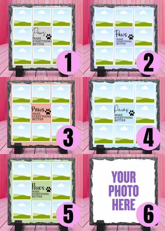 Personalised pet photo slate featuring a custom pet photograph