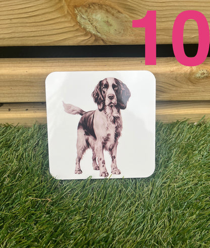 Coaster with a dog illustration on grass and wooden surface