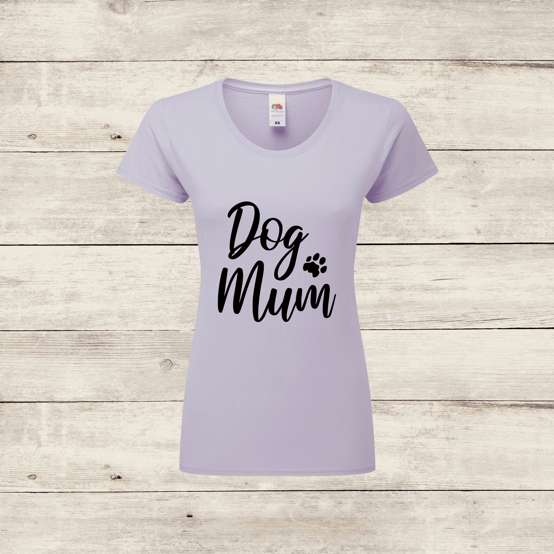 Lavender t-shirt with 'Dog Mum' text on a wooden surface