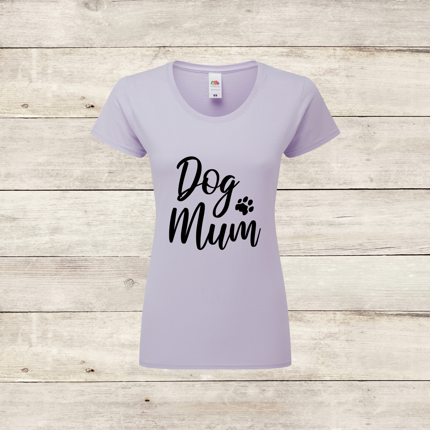 Lavender t-shirt with 'Dog Mum' text on a wooden surface