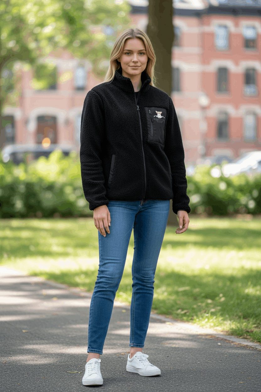 Woman wearing a black jacket and blue jeans standing on a sidewalk with a blurred building in the background