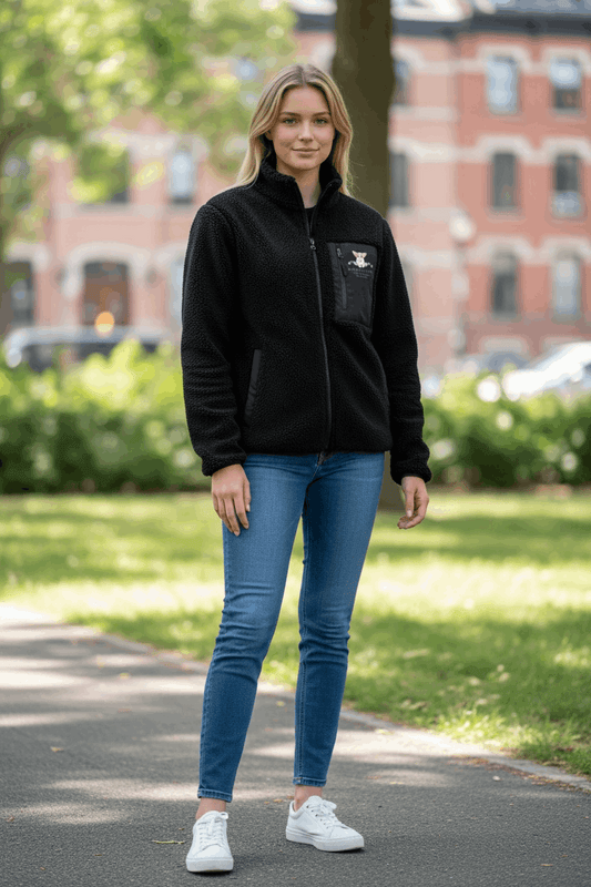Woman wearing a black jacket and blue jeans standing on a sidewalk with a blurred building in the background