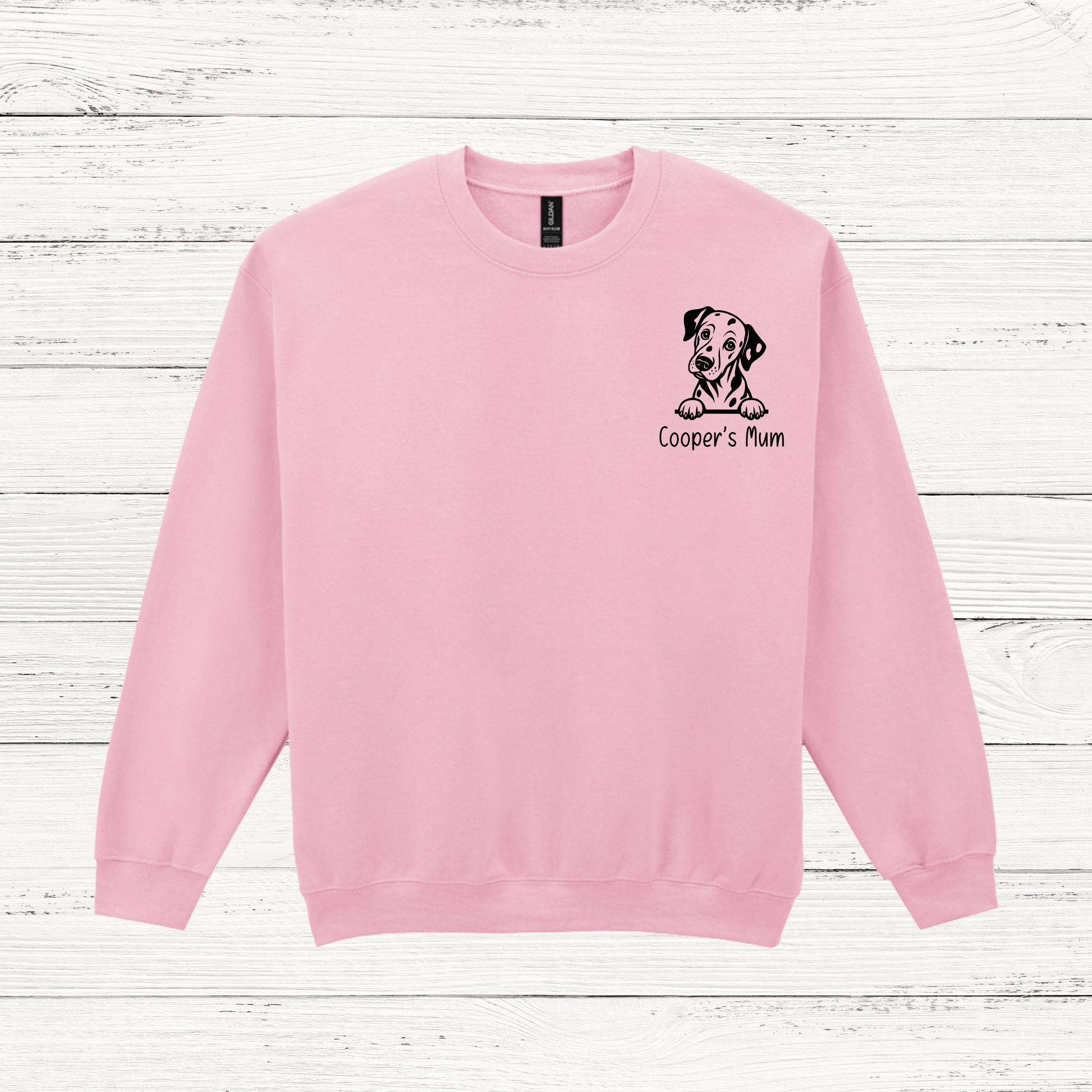 pink sweatshirt with dog outline and cooper's mum in black