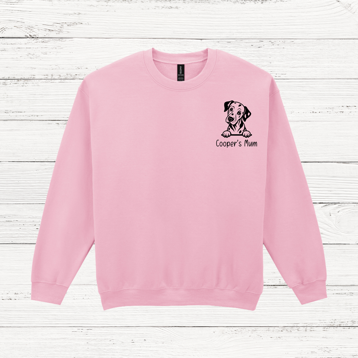 pink sweatshirt with dog outline and cooper's mum in black