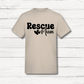 Beige t-shirt with 'Rescue Mum' text on a wooden surface
