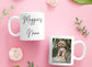 Two mugs on a pink background with one featuring 'Maggie's Nana' text and the other with a dog photo.