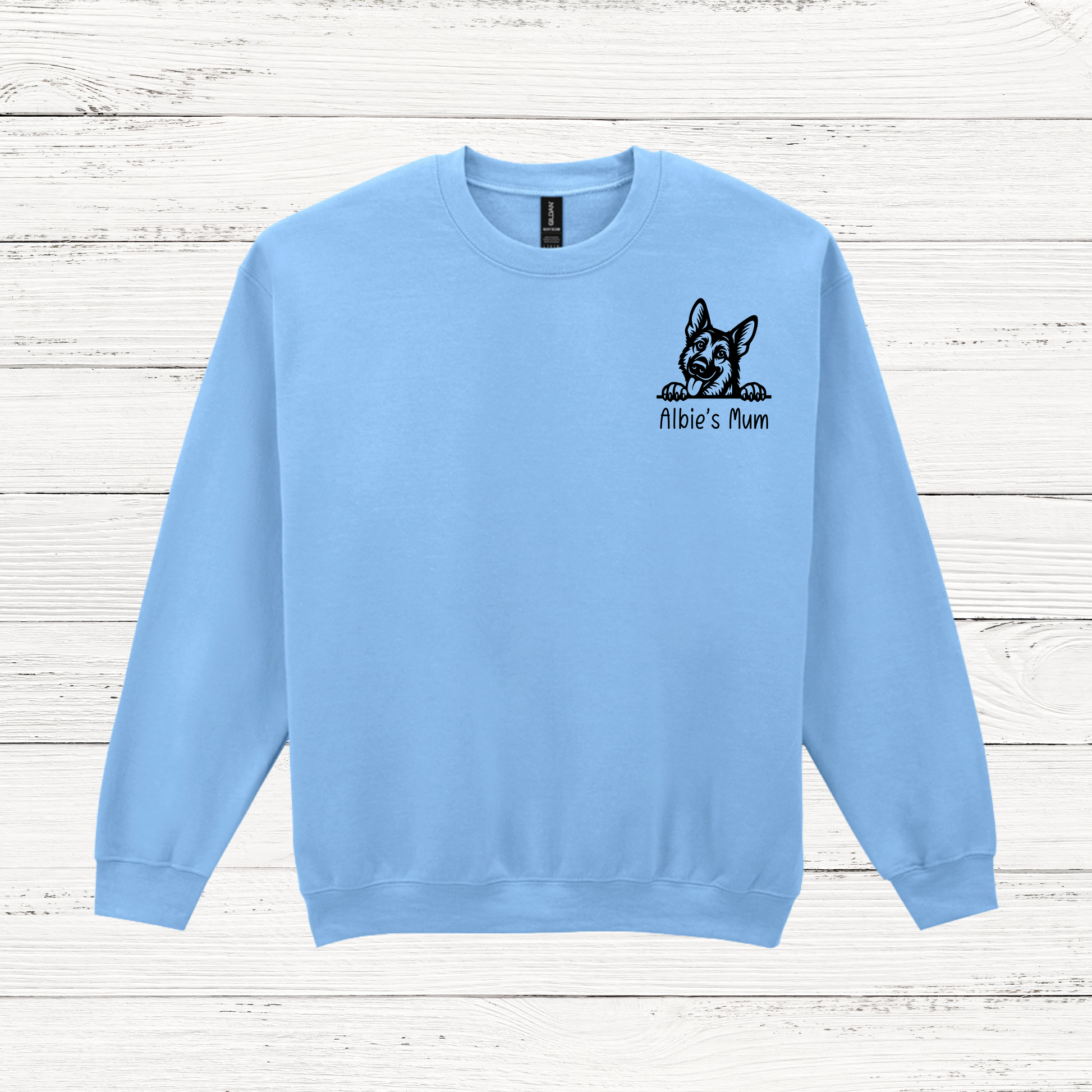 blue sweatshirt with dog outline and albie's mum in black