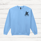 blue sweatshirt with dog outline and albie's mum in black