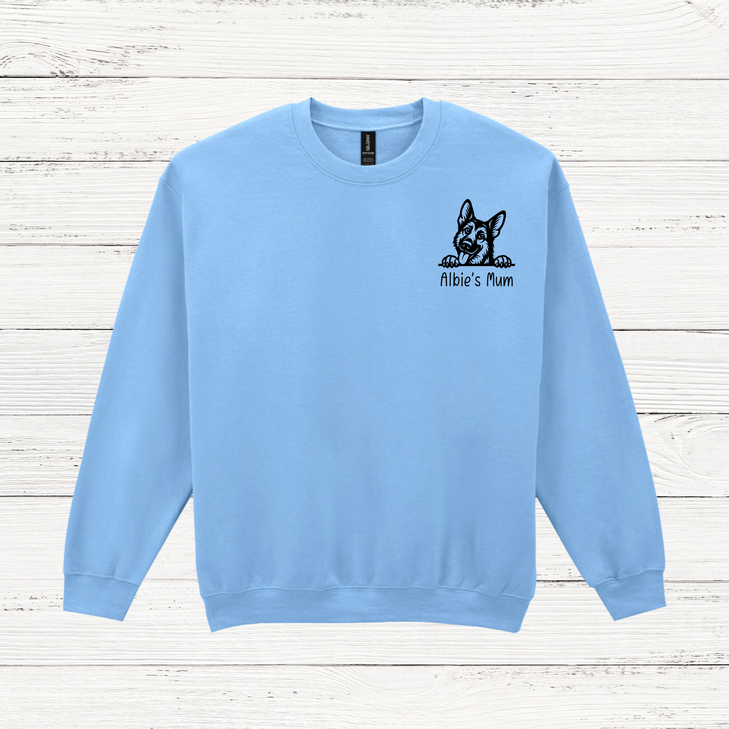 blue sweatshirt with dog outline and albie's mum in black