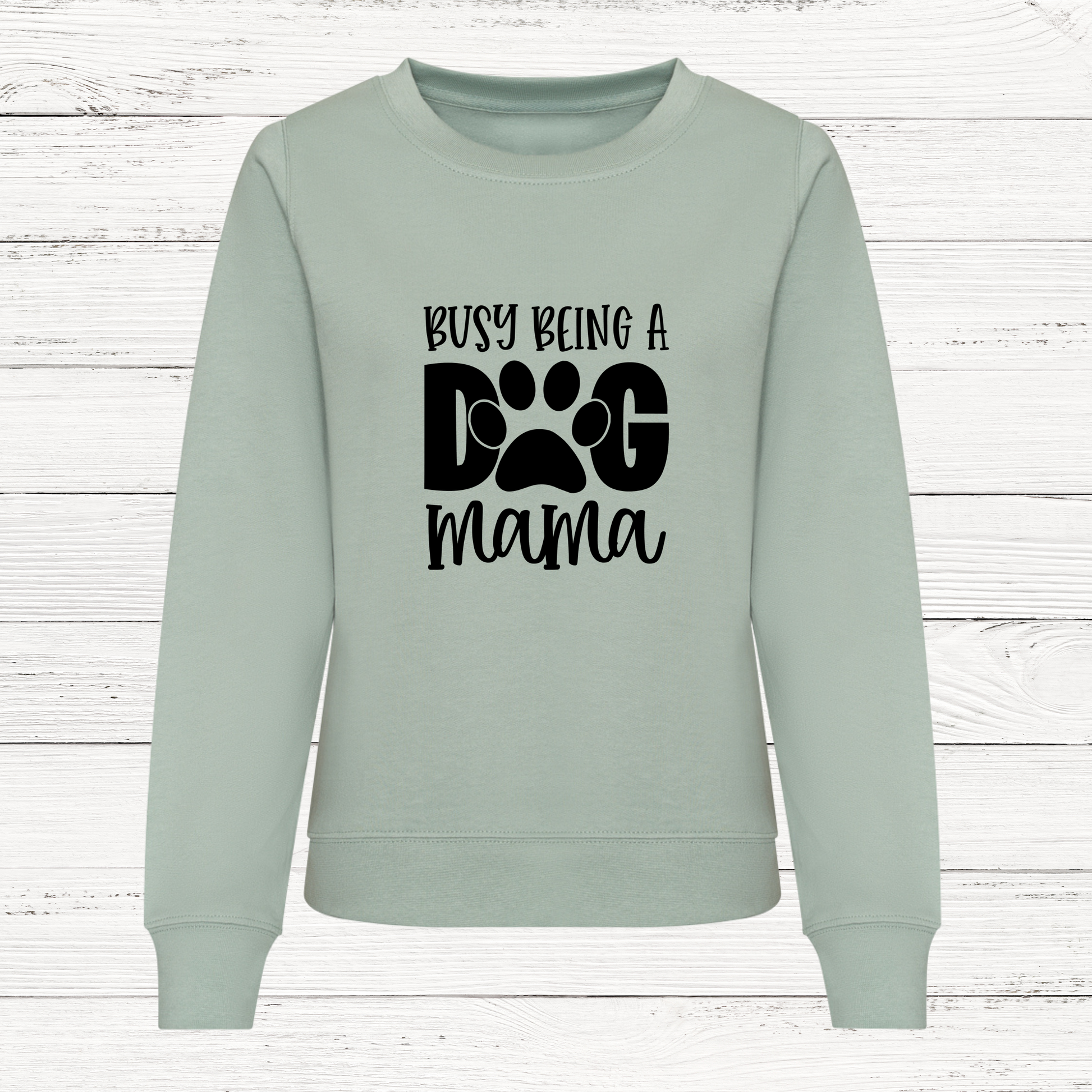 Light green sweatshirt with 'Busy Being a Dog Mama' text on a white wooden background