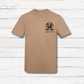 Beige t-shirt with a dog illustration and text on a wooden surface