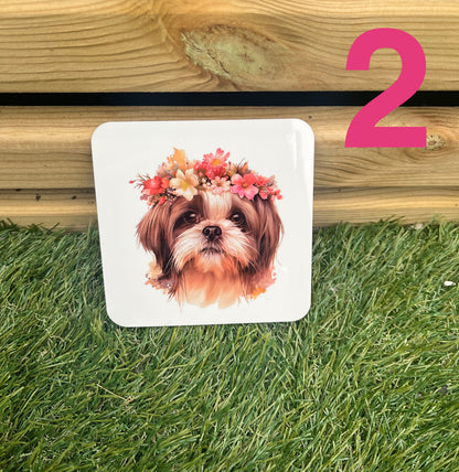 Coaster with a dog wearing a floral crown on grass next to wooden planks