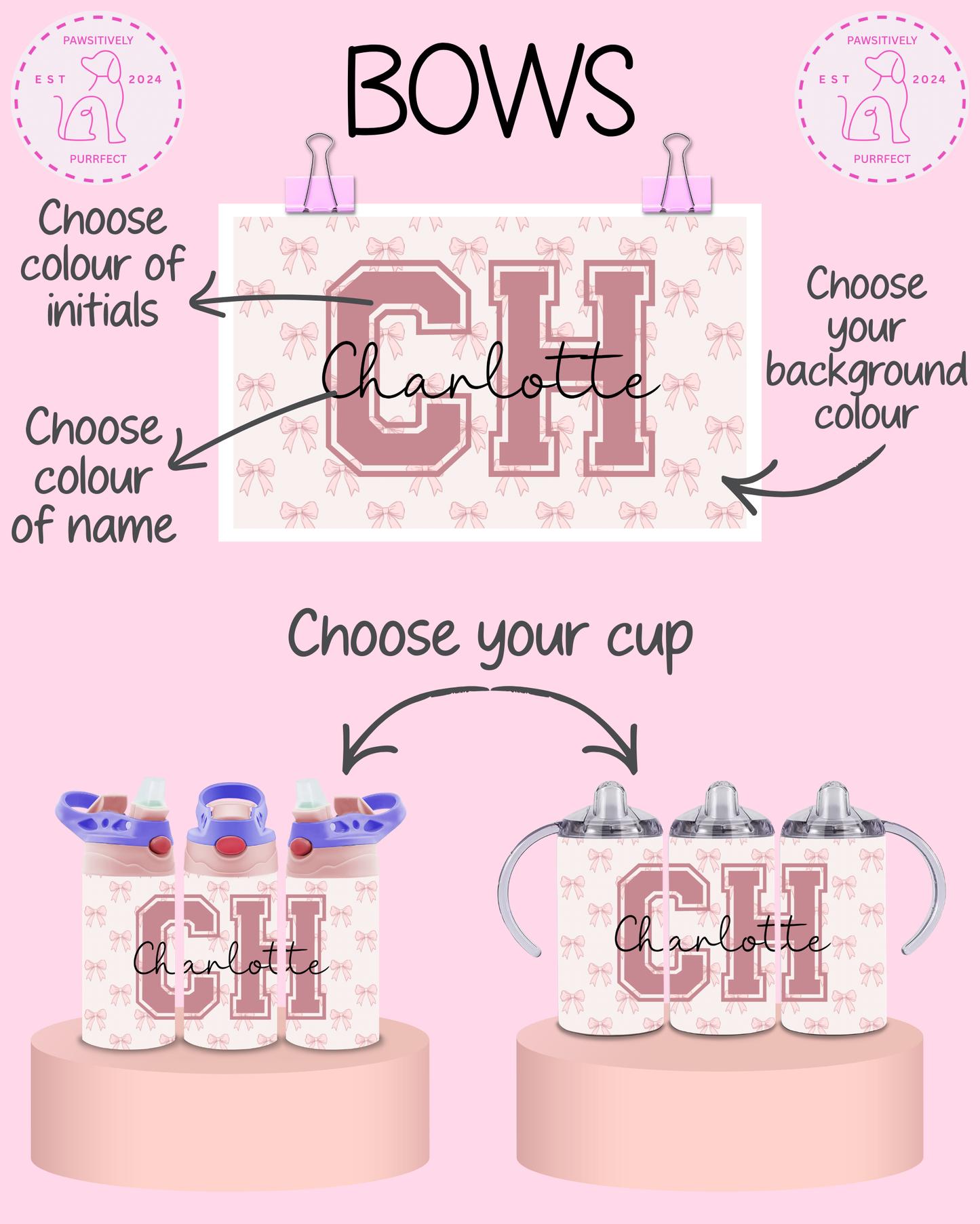 Personalised Bows Thermal Stainless Steel Tumbler 12oz | Gifts For Kids |