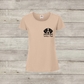 Beige t-shirt with a dog illustration and text on a wooden surface