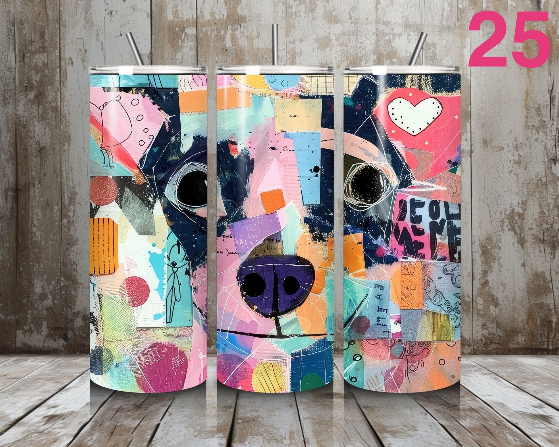 Colorful abstract design on a tumbler with a wooden background