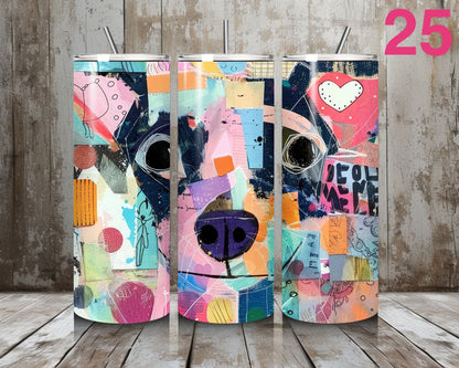 Colorful abstract design on a tumbler with a wooden background