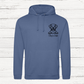 Blue hoodie with a dog illustration and text on a wooden background