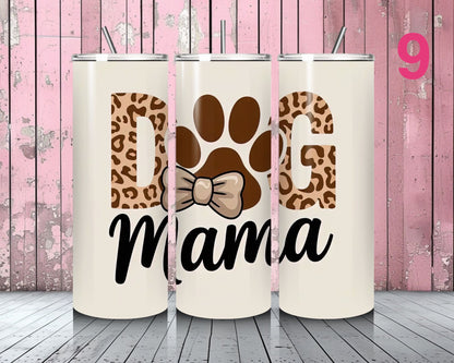 Three tumblers with 'Doggie Mama' design on a pink wooden background
