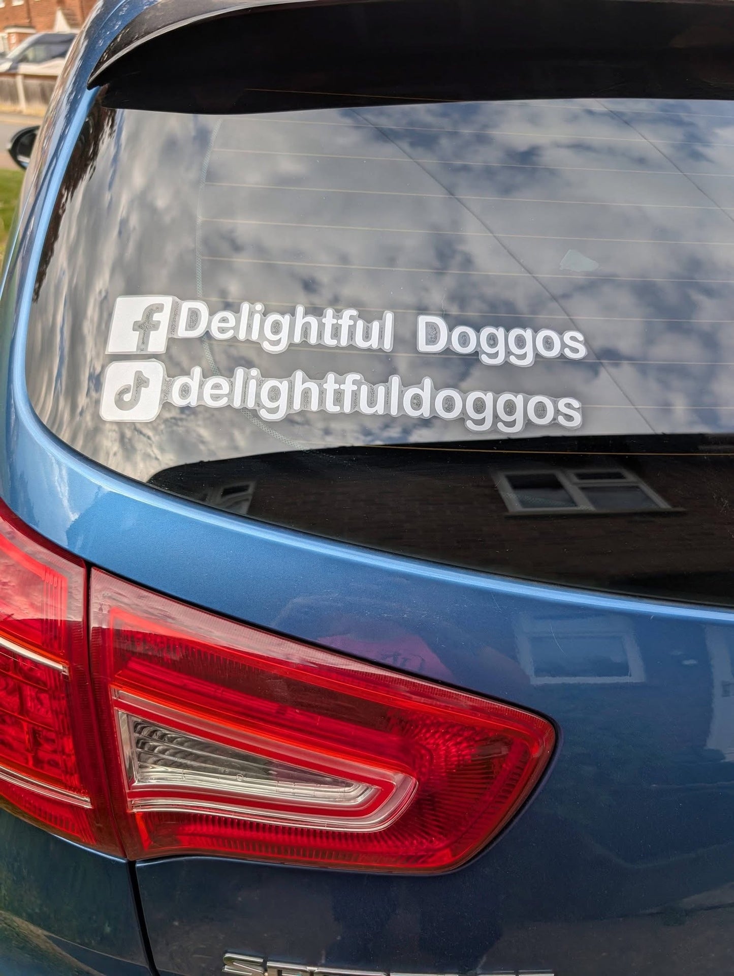Car window with 'Delightful Doggos' social media handle decal