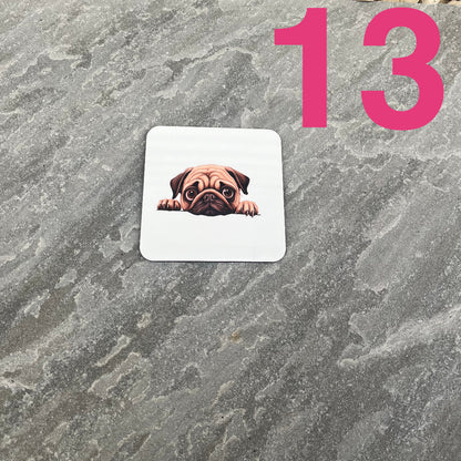 Coaster with a pug design on a textured gray surface