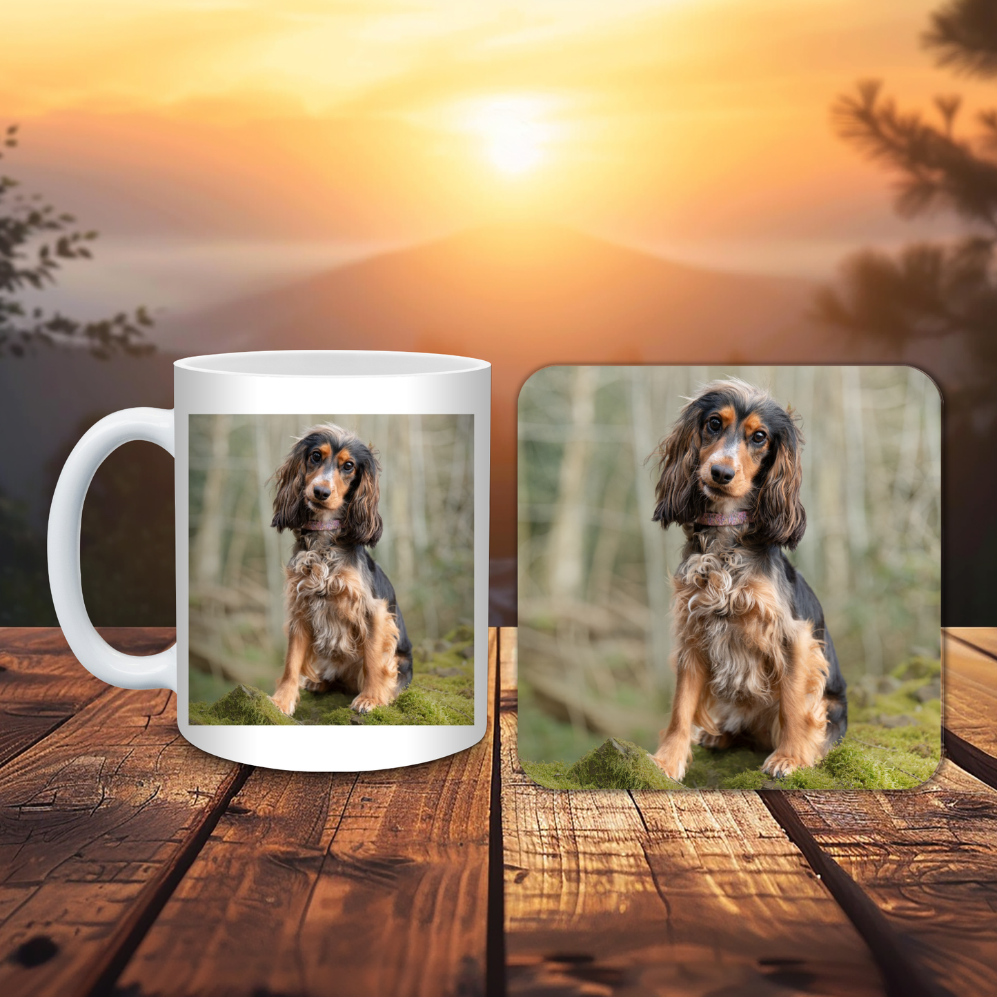 Mug and coaster set with a dog photo on a wooden surface with a sunset background