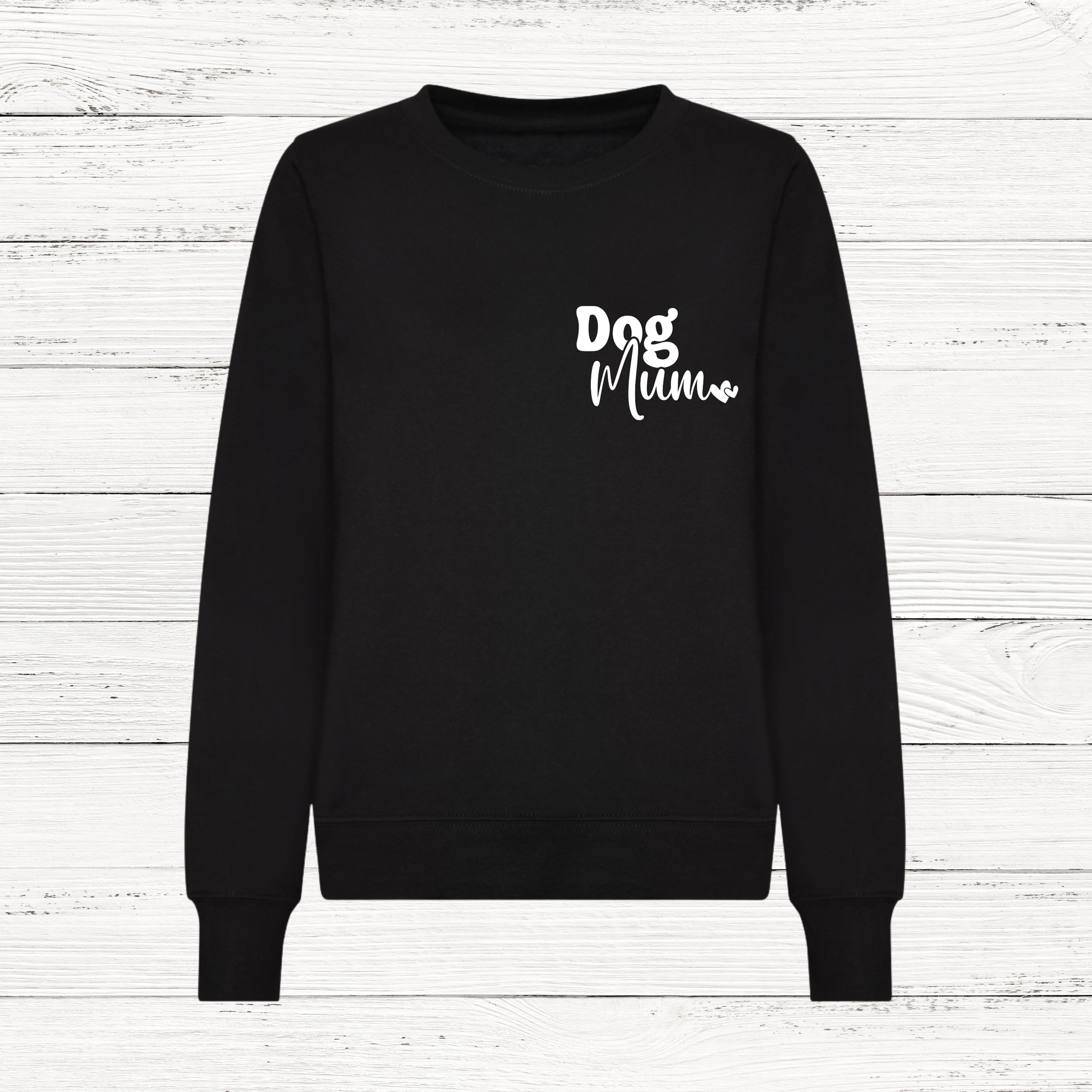 Black sweatshirt with 'Dog Mum' text on a white wooden background