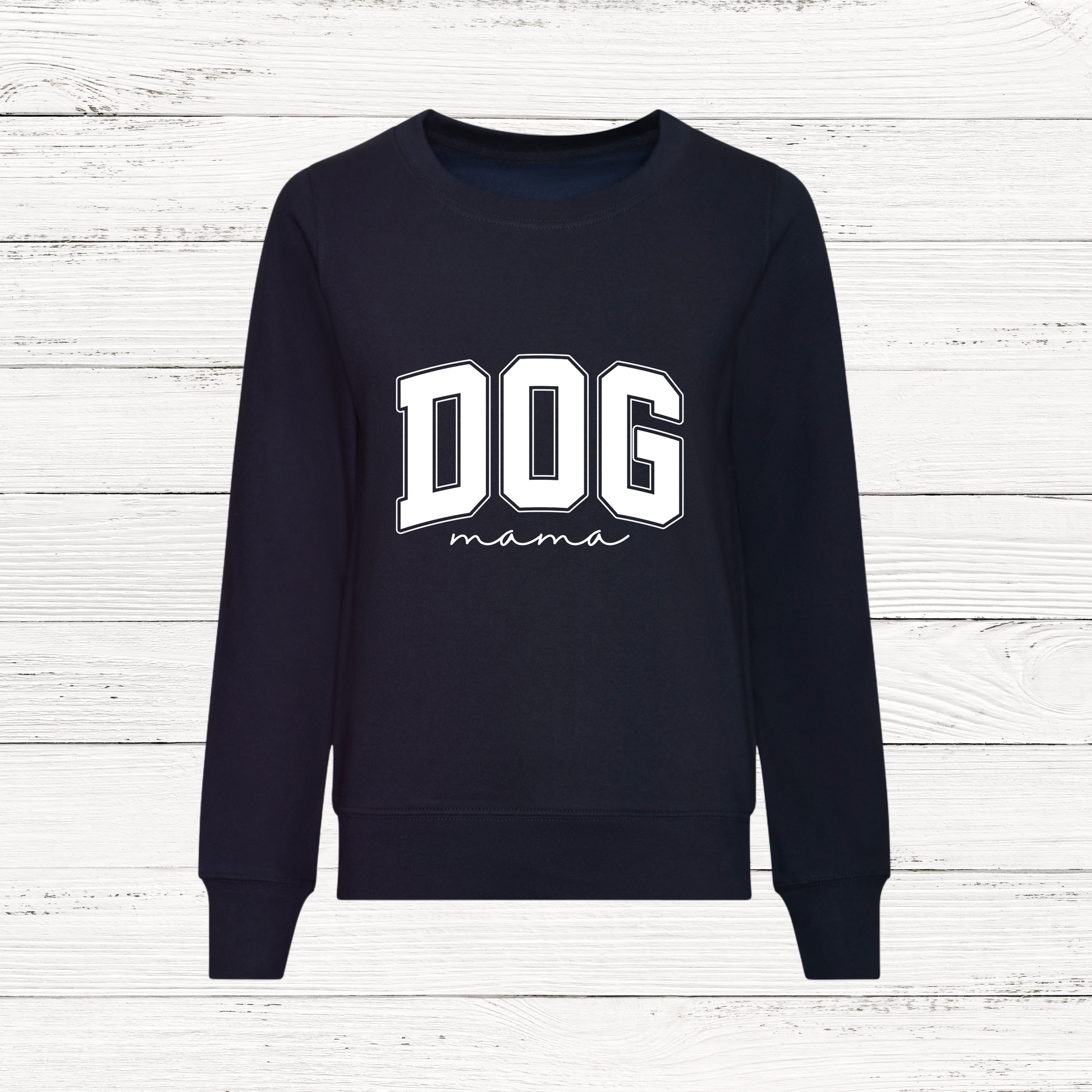 Black sweatshirt with 'DOG mama' text on a white wooden background