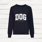 Black sweatshirt with 'DOG mama' text on a white wooden background
