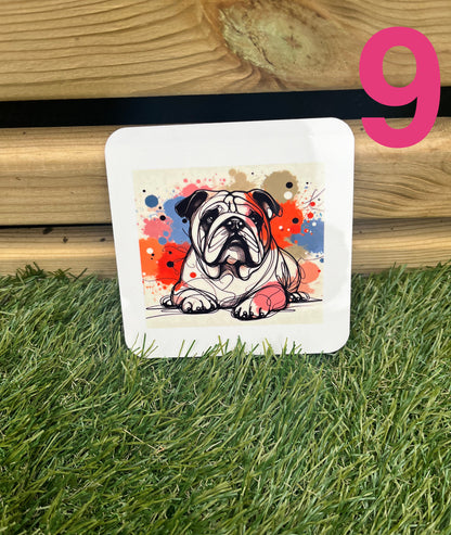 Coaster with a bulldog design on grass next to wooden planks