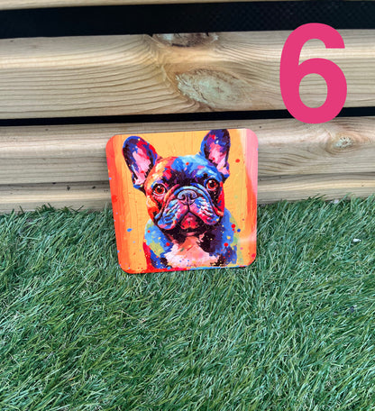 Colorful painting of a dog on a wooden surface with grass below