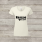 White t-shirt with 'Rescue Mum' text on a wooden surface