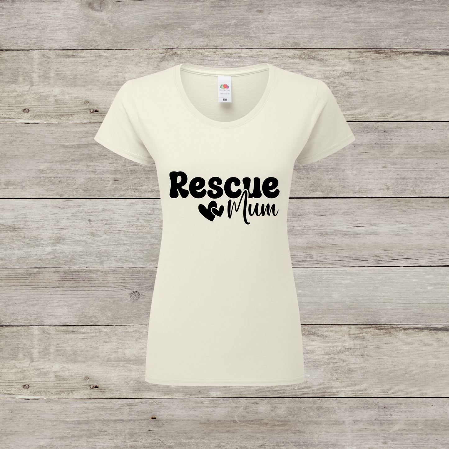 White t-shirt with 'Rescue Mum' text on a wooden surface