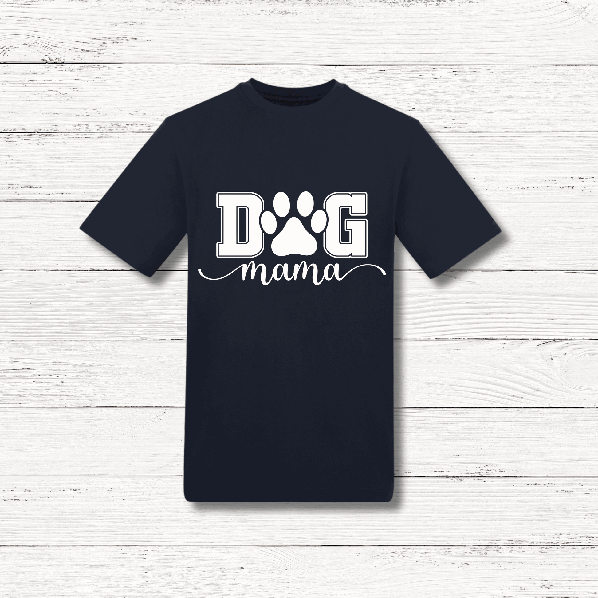 Black t-shirt with 'DOG mama' text on a white wooden surface